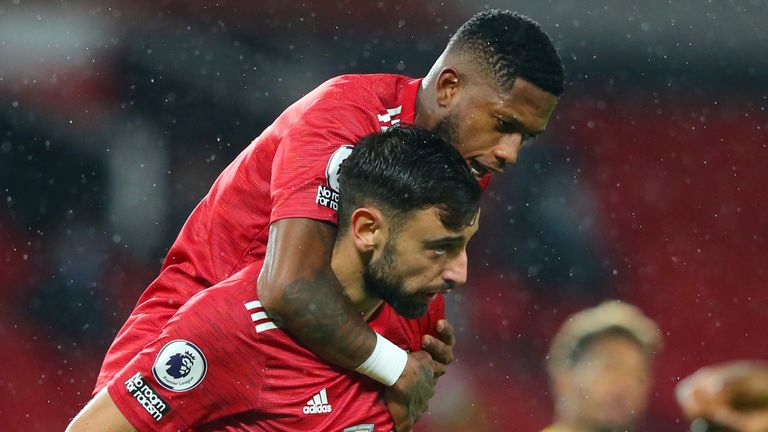 Bruno Fernandes celebrates with Fred after putting Manchester United ahead against West Brom