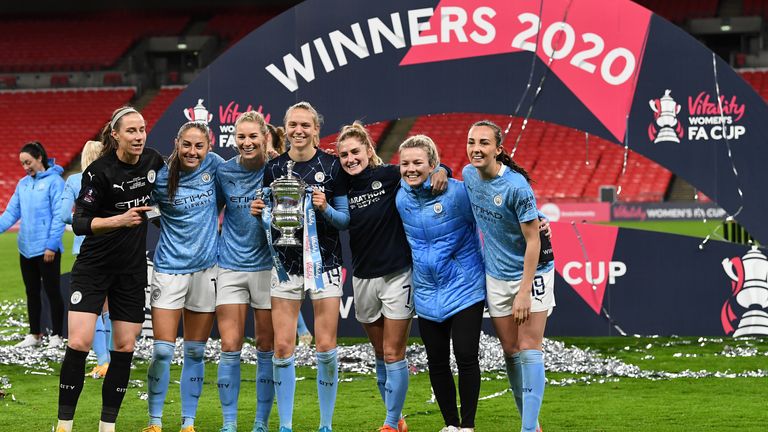 Manchester City players celebrate with the FA Cup in 2020