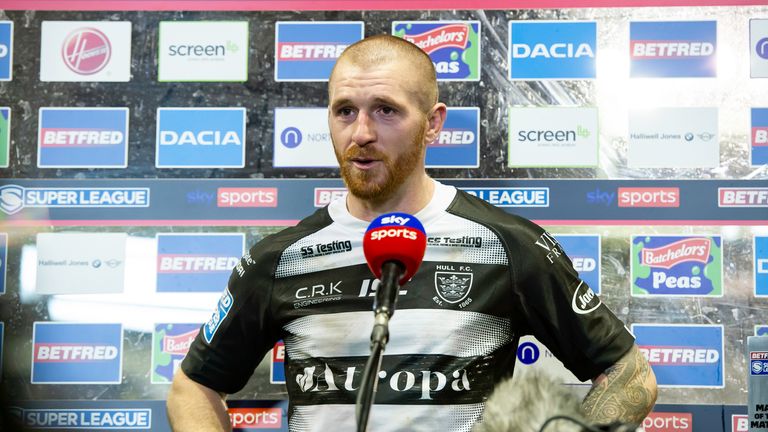 Picture by Allan McKenzie/SWpix.com - 12/11/2020 - Rugby League - Betfred Super League Playoffs - Warrington Wolves v Hull FC - Halliwell Jones Stadium, Warrington, England - Hull FC's Marc Sneyd is interviewed after his side's playoff victory over Warrington.