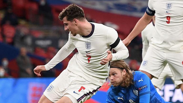 Mason Mount slides home England's second goal against Iceland