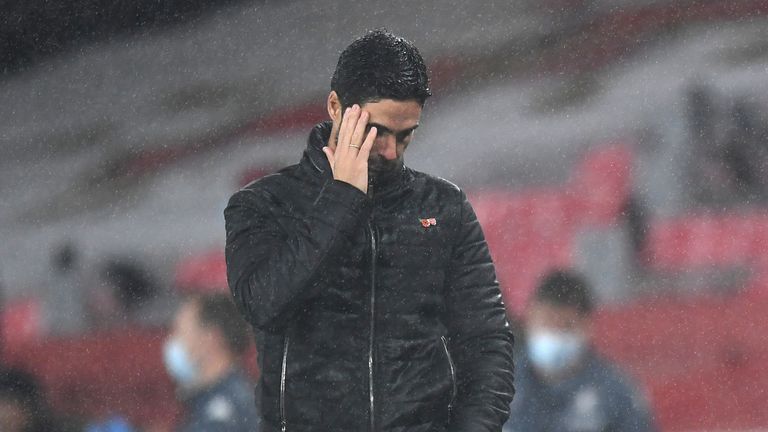 Mikel Arteta cuts a dejected figure on the touchline in the second half