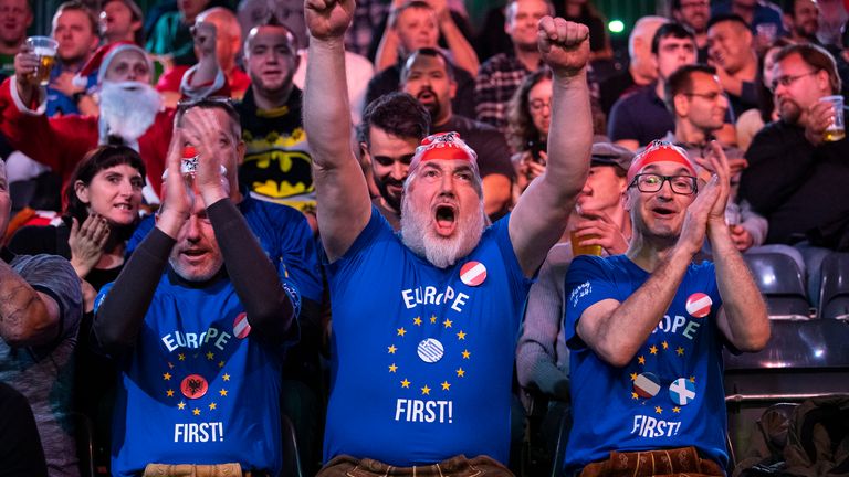 Fans of Team Europe react during the Mosconi Cup at Alexandra Palace on December 4, 2018 in London, England