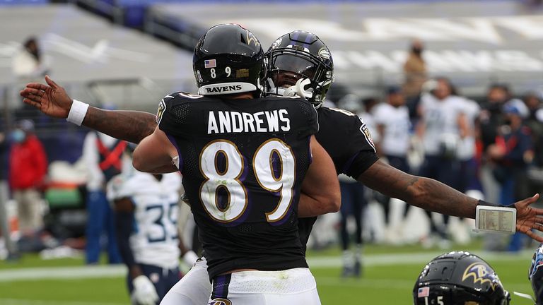 Mark Andrews #89 of the Baltimore Ravens celebrates after catching a touchdown against the during the game at M&T Bank Stadium