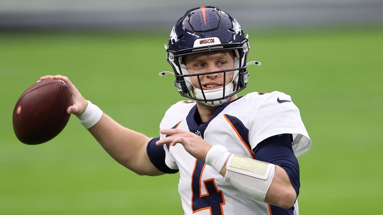 Brett Rypien #4 of the Denver Broncos warms up against the Las Vegas Raiders at Allegiant Stadium on November 15, 2020 in Las Vegas, Nevada