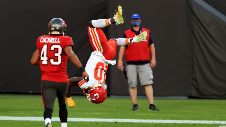 Tyreek Hill #10 of the Kansas City Chiefs celebrates a touchdown following a catch during their game against the Tampa Bay Buccaneers at Raymond James Stadium on November 29, 2020 in Tampa, Florida. 