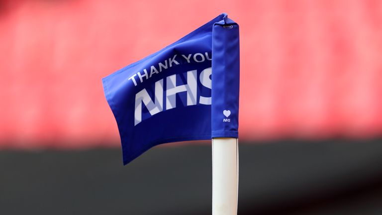 LONDON, ENGLAND - AUGUST 02: The Corner flag with the message Thank you NHS during the Vanarama National League Play Off Final match between Harrogate Town and Notts County at Wembley Stadium on August 02, 2020 in London, England. (Photo by Catherine Ivill/Getty Images