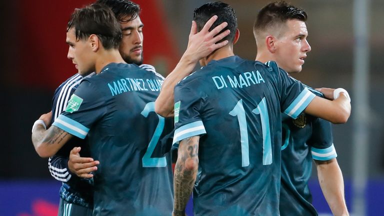 Argentina players celebrate during the win over Peru