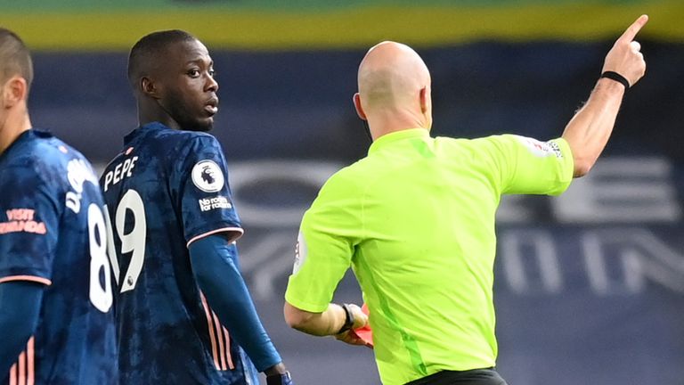 Nicolas Pepe is sent off by referee Anthony Taylor