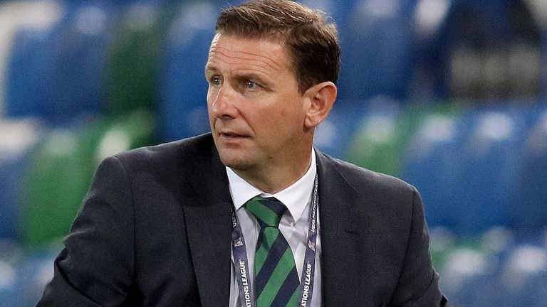 Northern Ireland coach Ian Baraclough watches during the UEFA Nations League football match between Northern Ireland and Norway at Windsor Park in Belfast on September 7, 2020. (Photo by Paul Faith / AFP) (Photo by PAUL FAITH/AFP via Getty Images)