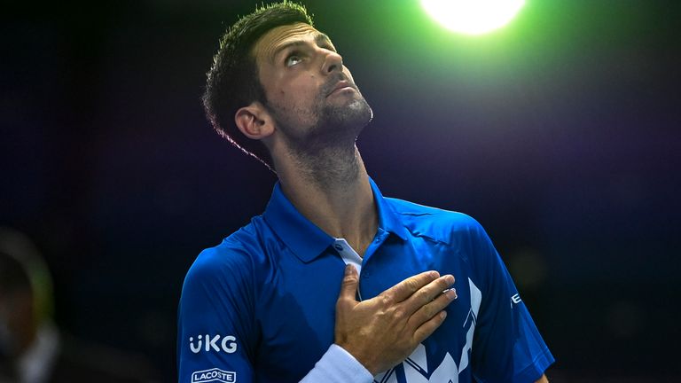 Novak Djokovic of Serbia celebrates his victory over Diego Schwartzman of Argentina during Day 2 of the Nitto ATP World Tour Finals at The O2 Arena on November 16, 2020 in London, England