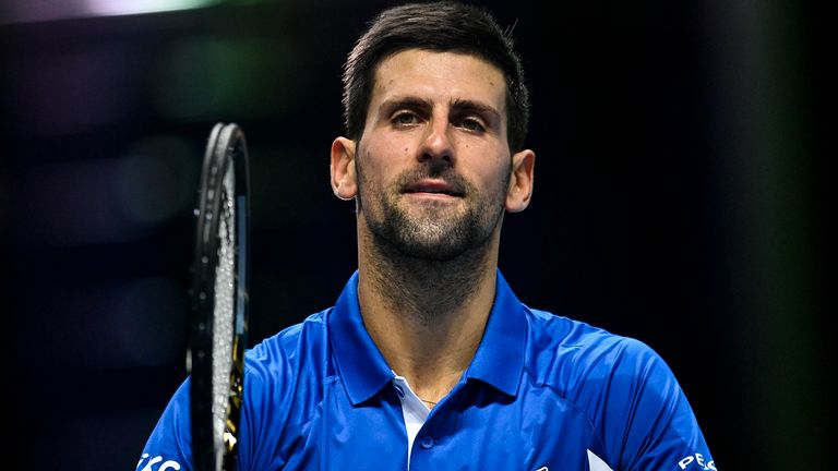 Novak Djokovic of Serbia celebrates his victory over Diego Schwartzman of Argentina during Day 2 of the Nitto ATP World Tour Finals at The O2 Arena on November 16, 2020 in London, England. 