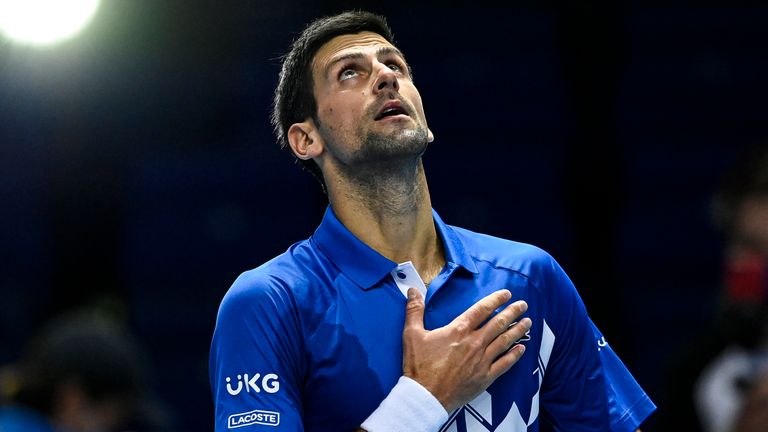 Novak Djokovic of Serbia celebrates his victory over Alexander Zverev of Germany on Day 6 of the Nitto ATP World Tour Finals at The O2 Arena on November 20, 2020 in London, England. 