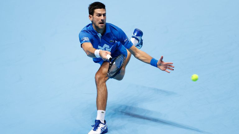 Novak Djokovic of Serbia plays a forehand during his singles match against Alexander Zverev of Germany during day six of the Nitto ATP World Tour Finals at The O2 Arena on November 20, 2020 in London, England.