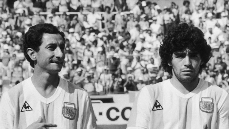 Argentinian footballers Osvaldo Ardiles and Diego Maradona shortly before their World Cup match against Brazil, 1st July 1982