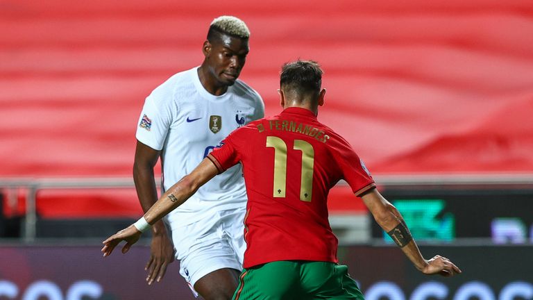 Paul Pogba came up against Man Utd team-mate Bruno Fernandes in France&#39;s victory in Portugal