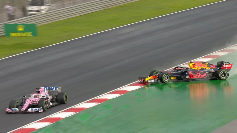 Max Verstappen gets wayward in Sergio Perez's spray and spins, flat-spotting his tyres during the Turkish GP