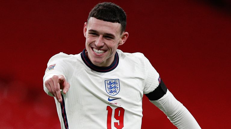 Phil Foden celebrates his first goal during England&#39;s Nations League clash with Iceland