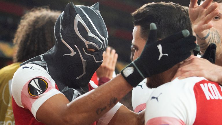 Arsenal's Pierre-Emerick Aubameyang celebrated his second goal against Rennes in the Europa League in March by wearing a mask of the Marvel Comics character the Black Panther