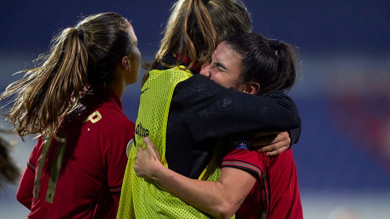 Ana Borges (right) celebrates her goal with team-mates