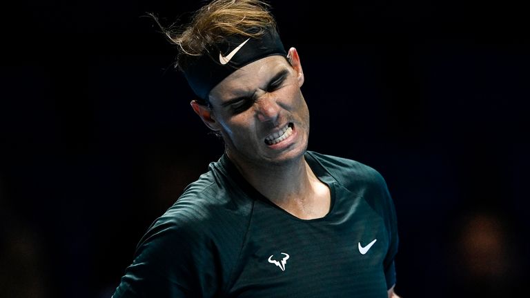 Rafael Nadal of Spain celebrates his victory over Andrey Rublev of Russia during Day 1 of the Nitto ATP World Tour Finals at The O2 Arena on November 15, 2020 in London, England.