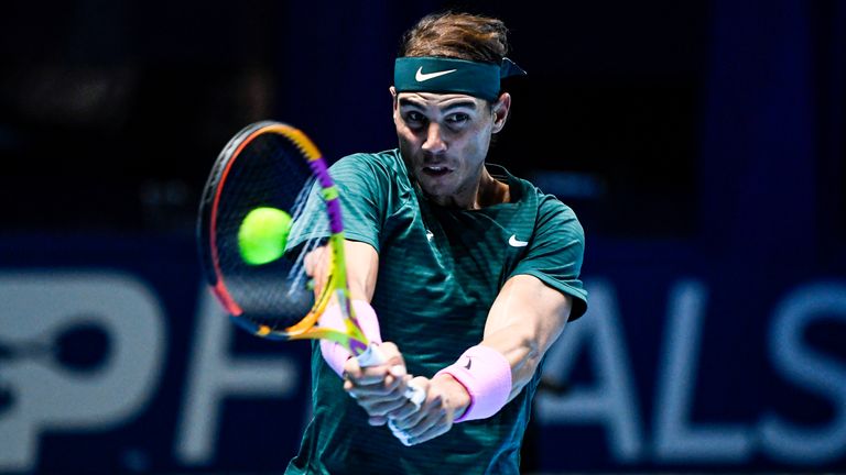 Rafael Nadal of Spain hits a backhand against Andrey Rublev of Russia during Day 1 of the Nitto ATP World Tour Finals at The O2 Arena on November 15, 2020 in London, England.