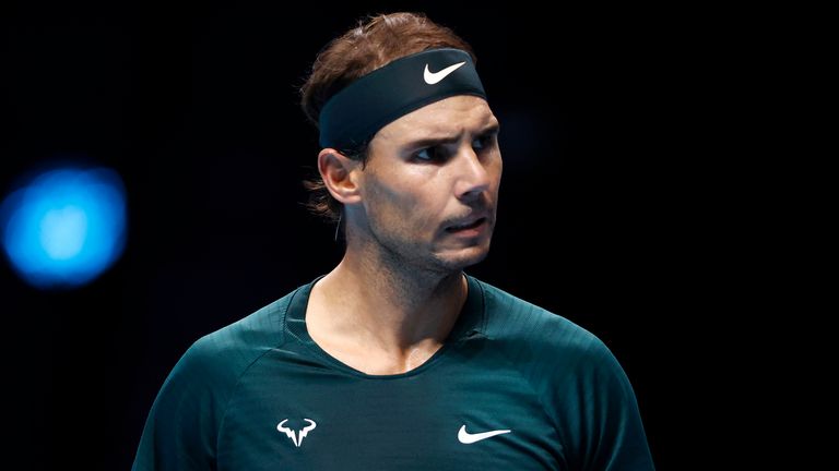 Rafael Nadal of Spain celebrates a point during his match against Stefanos Tsitsipas of Greece during their third round robin match on Day Five of the Nitto ATP World Tour Finals at The O2 Arena on November 19, 2020 in London, England