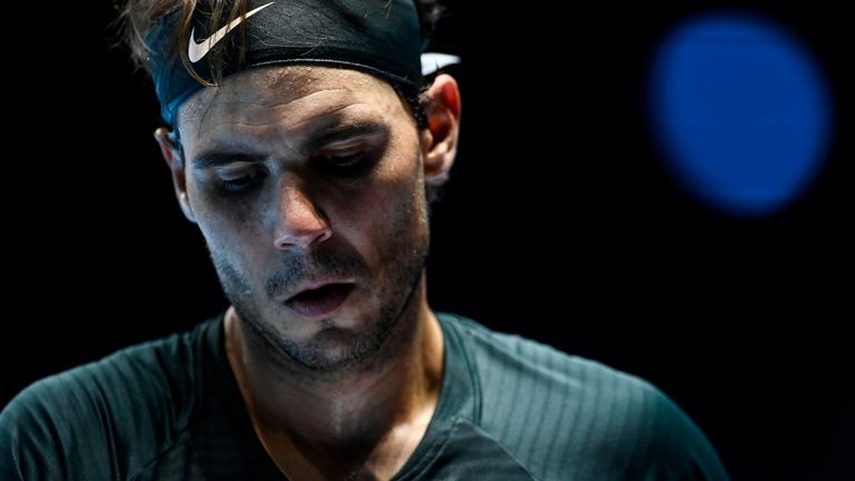 Rafael Nadal of Spain looks dejected during his match against Daniil Medvedev of Russia during Day 7 of the Nitto ATP World Tour Finals at The O2 Arena on November 21, 2020 in London, England.