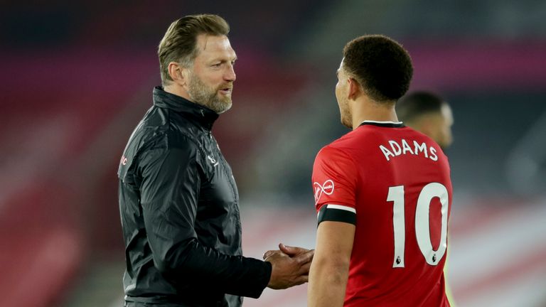 Ralph Hasenhuttl shakes hands with Adams at the final whistle