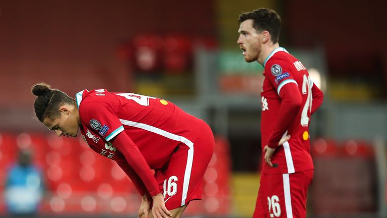 Rhys Williams and Andrew Robertson look shell-shocked at the final whistle