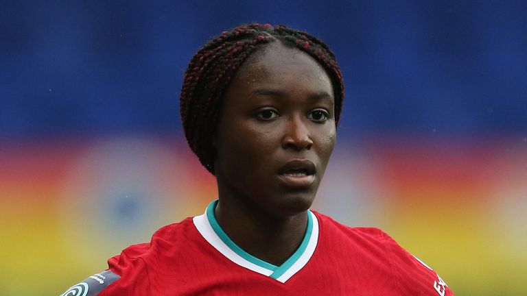 Rinsola Babjide of Liverpool looks on during the Barclays FA Women's Championship match between Liverpool and Sheffield United at Prenton Park on November 08, 2020 in Birkenhead, England