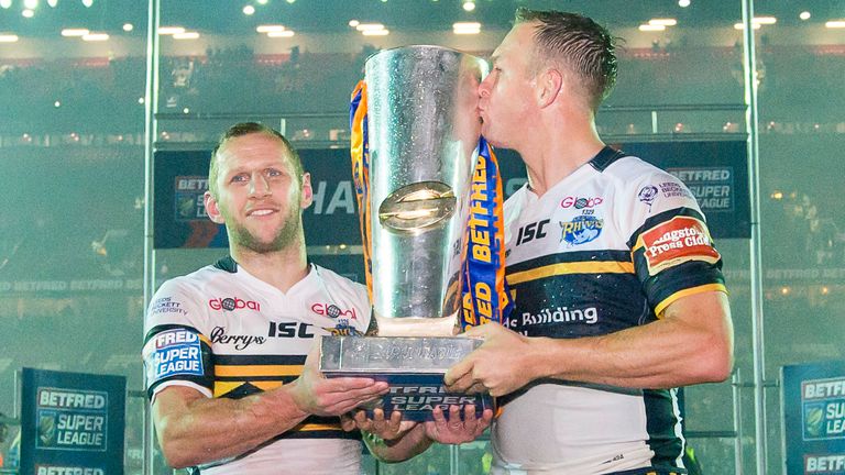 Picture by Allan McKenzie/SWpix.com - 07/10/2017 - Rugby League - Betfred Super League Grand Final - Castleford Tigers v Leeds Rhinos - Old Trafford, Manchester, England - Rob Burrow & Danny McGuire after victory.