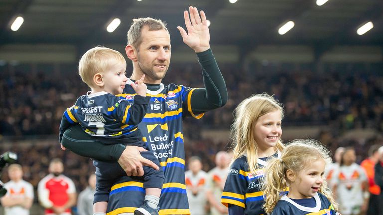 Picture by Allan McKenzie/SWpix.com - 12/01/2020 - Rugby League - Super League - Jamie Jones-Buchanan Testimonial - Leeds Rhinos v Bradford Bulls - Emerald Headingley Stadium, Leeds, England - Leeds's Rob Burrow with his children Jackson, Macy & Maya after Jamie Jones-Buchanan's testimonial match.