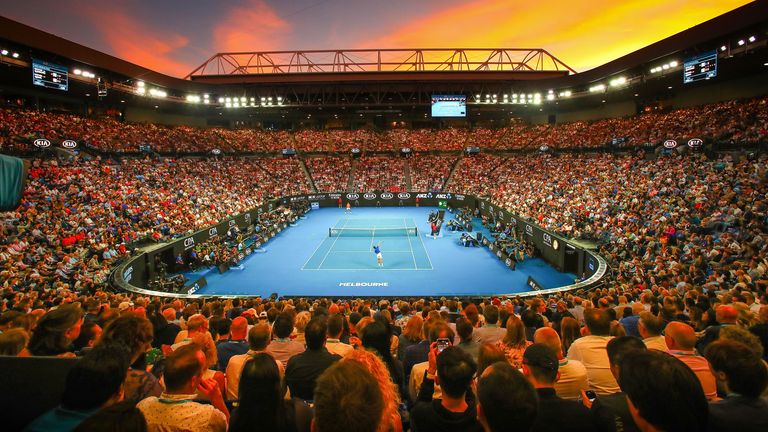 A general view inside Rod Laver Arena at sunset during the Men's Singles Final match betwen Novak Djokovic of Serbia and Rafael Nadal of Spain during day 14 of the 2019 Australian Open at Melbourne Park on January 27, 2019 in Melbourne, Australia. 
