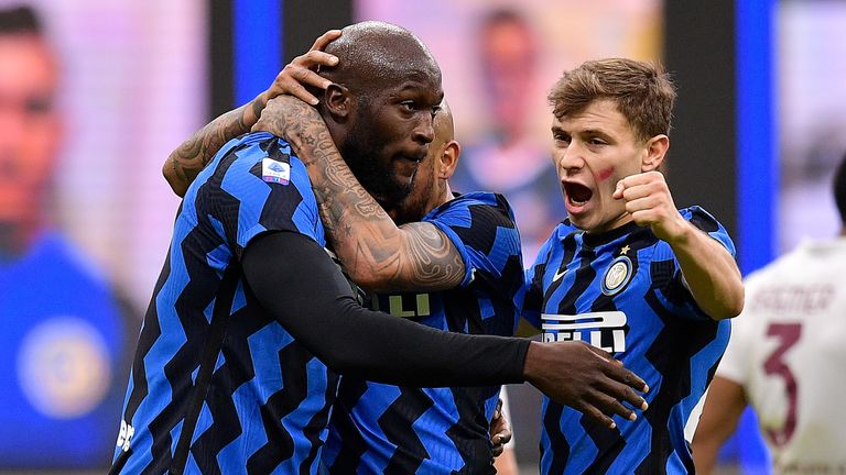 Romelu Lukaku is congratulated after scoring in the 4-2 win over Torino