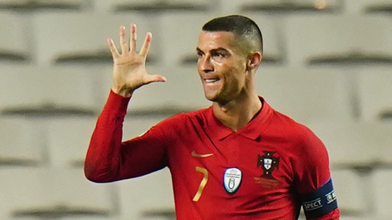 Cristiano Ronaldo of Portugal and Juventus celebrates after scoring a goal during the International Friendly match between Portugal and Andorra at Estadio da Luz on November 11, 2020 in Lisbon, Portugal. 