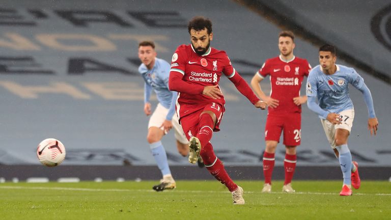 Mohamed Salah scores a penalty against Man City 