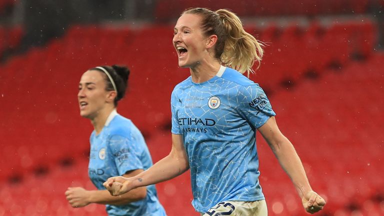 Sam Mewis celebrates her opening goal for Man City in the Women&#39;s FA Cup final