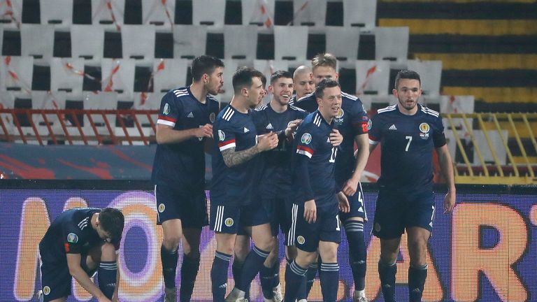 Scotland celebrate Ryan Christie&#39;s goal in Serbia