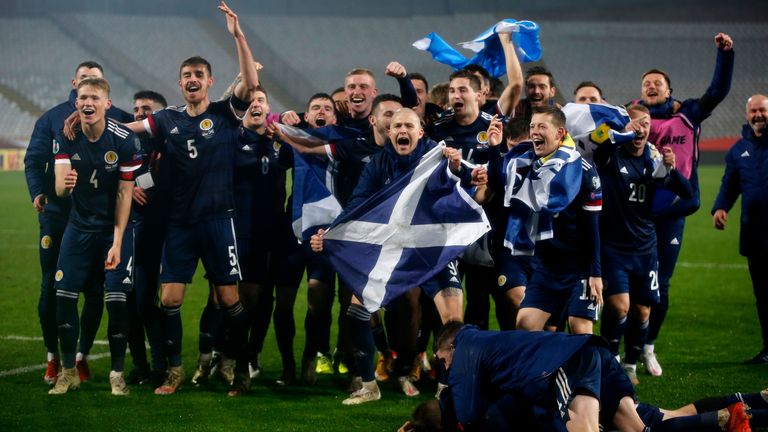 Scotland celebrate their victory over Serbia which secured their place at the Euros