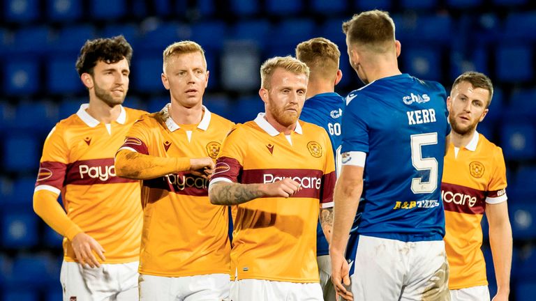 The two sides bump elbows at full time during the Scottish Premiership stalemate