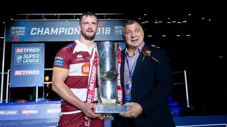 Picture by Allan McKenzie/SWpix.com - 13/10/2018 - Rugby League - Ladbrokes Challenge Cup Final - Wigan Warriors v Warrington Wolves - Old Trafford, Manchester, England - Wigan's Sean O'Loughlin & coach Shaun Wane with the Betfred Super League Trophy after victory over Warrington.