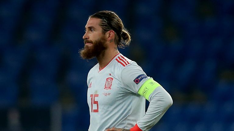 Sergio Ramos of Spain looks dejected during the UEFA Nations League group stage match between Switzerland and Spain at St. Jakob-Park on November 14, 2020 in Basel, Switzerland.