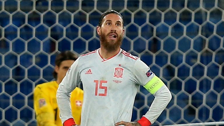 Sergio Ramos of Spain looks dejected after the UEFA Nations League group stage match between Switzerland and Spain at St. Jakob-Park on November 14, 2020 in Basel, Switzerland. 