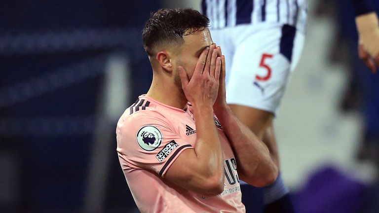 Sheffield United's George Baldock rues a missed chance against West Brom