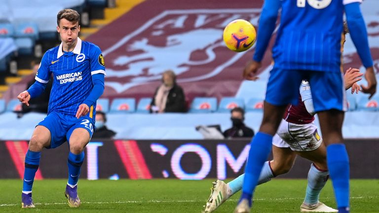 Solly March curls home Brighton's second goal vs Aston Villa