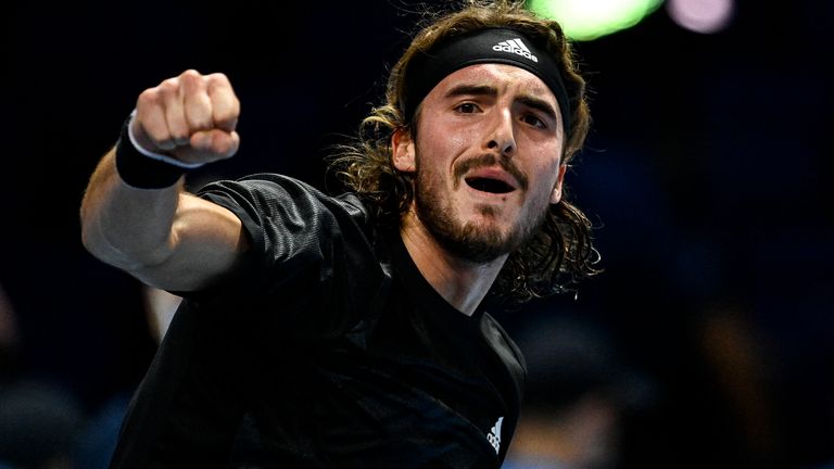 Stefanos Tsitsipas of Greece celebrates his victory over Andrey Rublev of Russia during Day 3 of the Nitto ATP World Tour Finals at The O2 Arena on November 17, 2020 in London, England. 