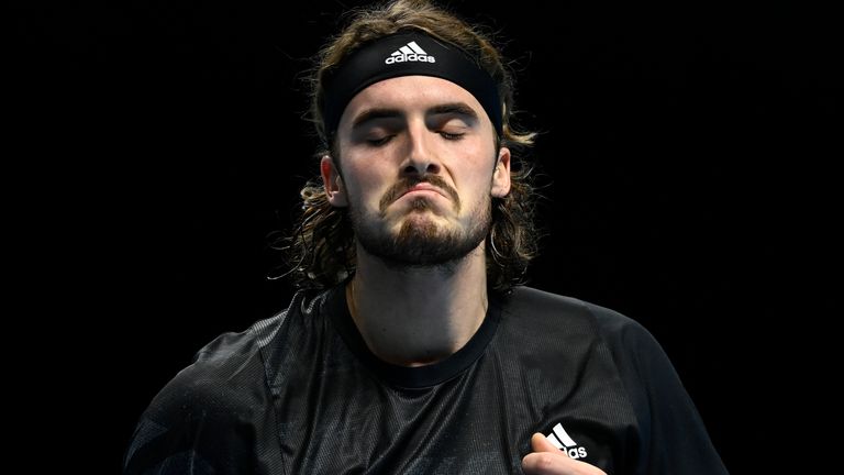 Stefanos Tsitsipas of Greece looks dejected during his match against Rafael Nadal of Spain on Day 5 of the Nitto ATP World Tour Finals at The O2 Arena on November 19, 2020 in London, England.