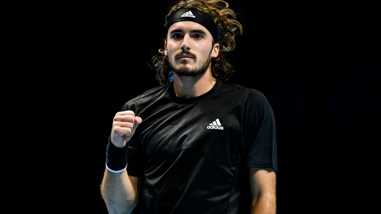 Stefanos Tsitsipas of Greece celebrates during his match against Rafael Nadal of Spain during Day 5 of the Nitto ATP World Tour Finals at The O2 Arena on November 19, 2020 in London, England