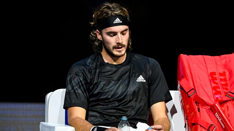 Stefanos Tsitsipas of Greece looks dejected at the change of ends during his match against Rafael Nadal of Spain during Day 5 of the Nitto ATP World Tour Finals at The O2 Arena on November 19, 2020 in London, England.