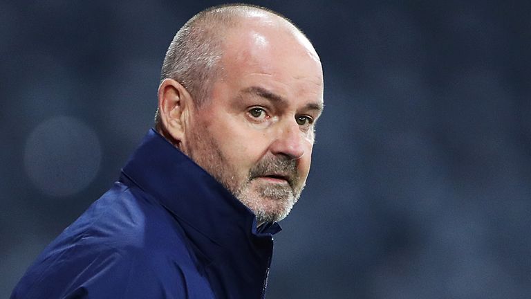 Scotland manager Steve Clarke looks on during the UEFA EURO 2020 Play-Off semi-finals match between Scotland and Israel at Hampden Park on October 08, 2020 in Glasgow, Scotland. Football Stadiums around Europe remain empty due to the Coronavirus Pandemic as Government social distancing laws prohibit fans inside venues resulting in fixtures being played behind closed doors